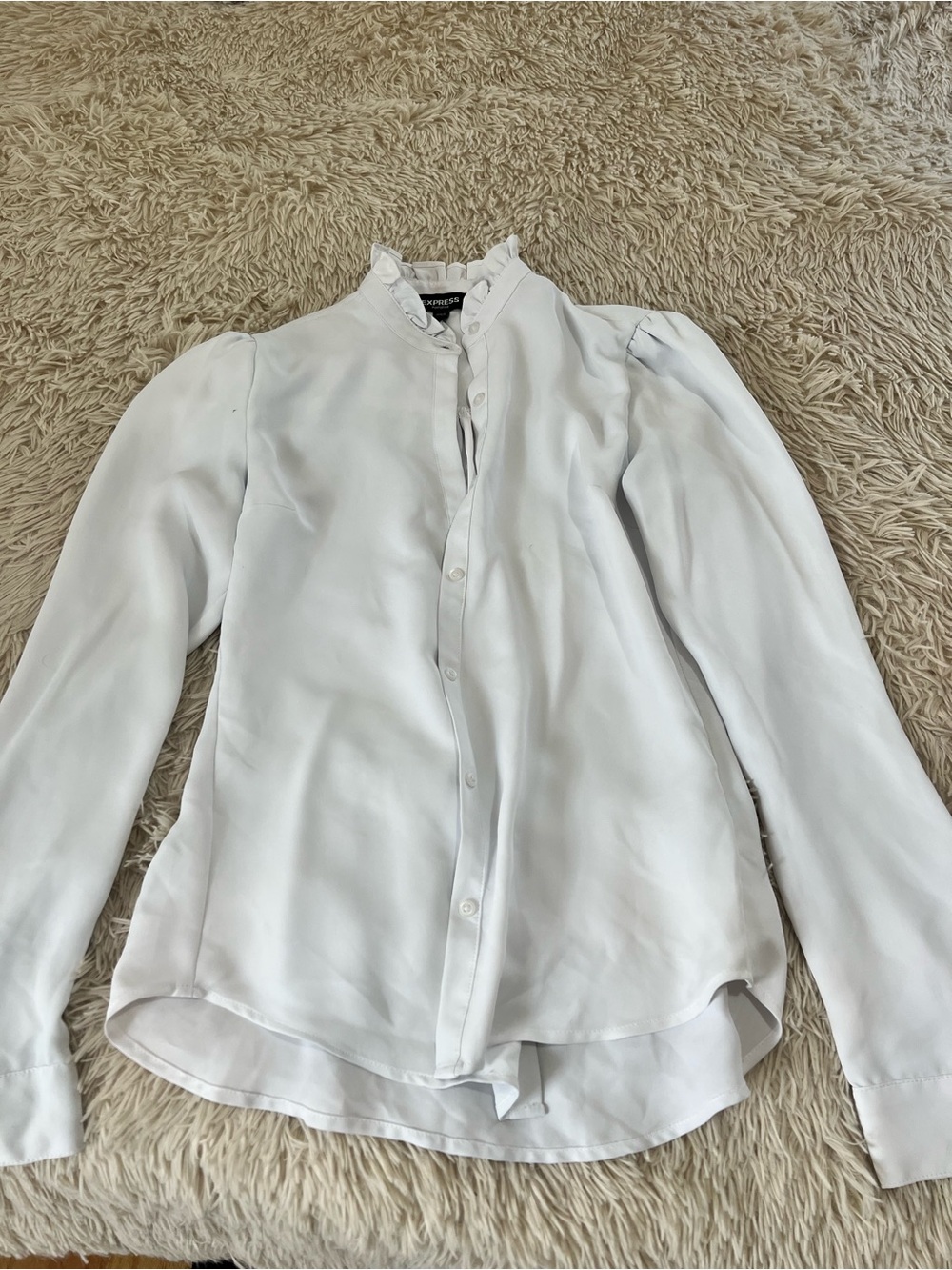 Express Ruffle Neck White Button-Up Blouse